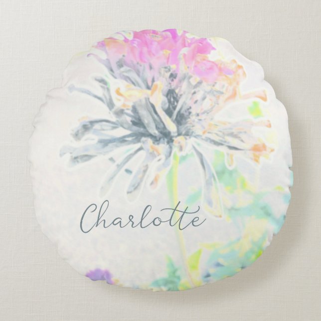 Abstract Colourful Floral Custom Name  Round Pillow (Front)