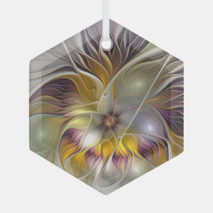 Abstract Colourful Flower Modern Fractal Hexagon Glass Ornament