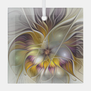 Abstract Colourful Flower Modern Fractal Square Glass Ornament