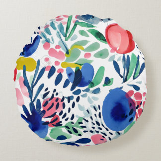 Abstract Colourful Flowers and Leaves Round Pillow