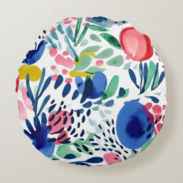  Abstract Colourful Flowers and Leaves Round Pillow (Front)
