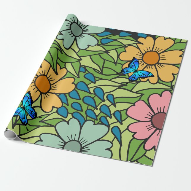 Abstract Colourful Garden Flowers and Butterflies  Wrapping Paper (Unrolled)