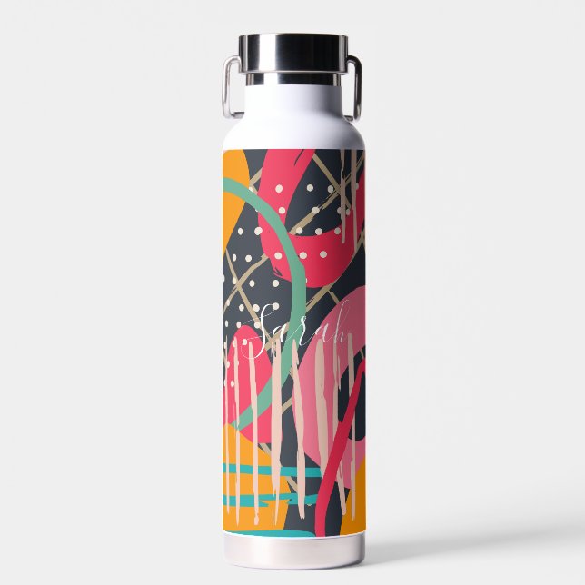 Abstract Colourful Geometric Monogram Name Design Water Bottle (Front)