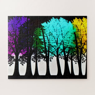Abstract Colourful Leaves on Black Silhouette Tree Jigsaw Puzzle