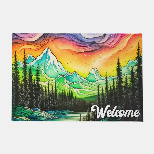 Abstract Colourful Northern Lights Illustration Doormat (Front)