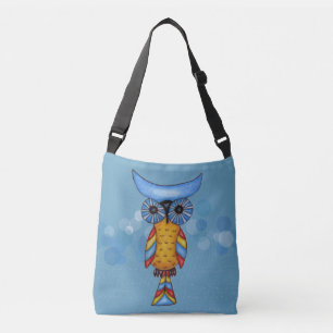 Abstract Colourful Owl Big Blue Eyes on Blue Crossbody Bag
