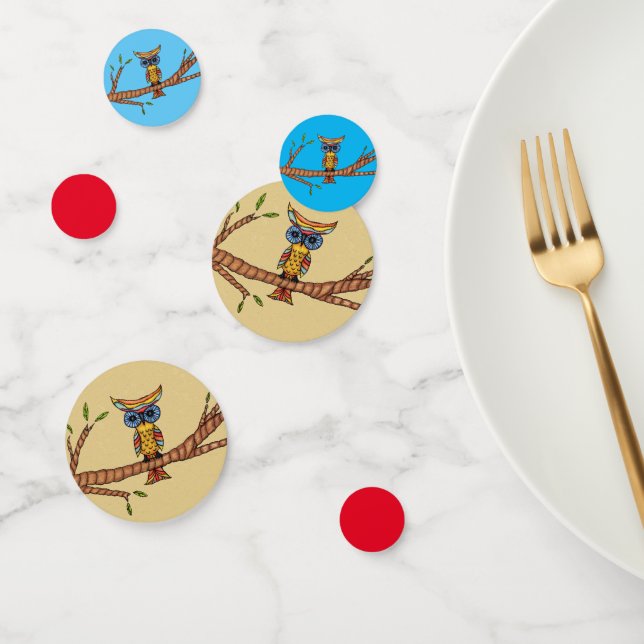 Abstract Colourful Owl Blue Eyes on Branch Leaves Confetti (Group)