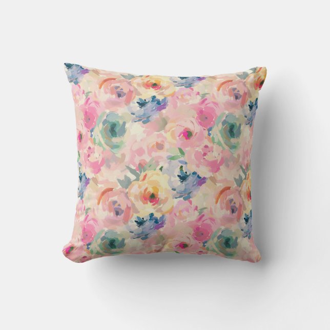 Abstract Colourful Pastel Flowers Floral Pattern Throw Pillow (Front)
