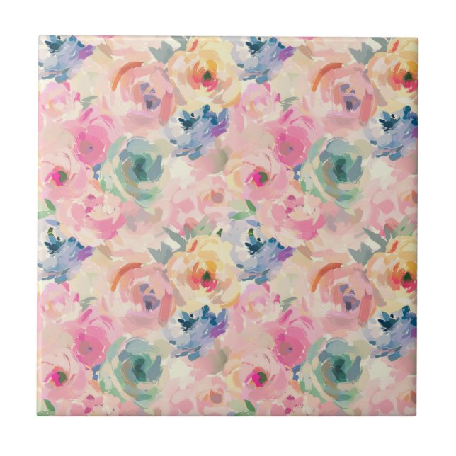 Abstract Colourful Pastel Flowers Floral Pattern Tile (Front)