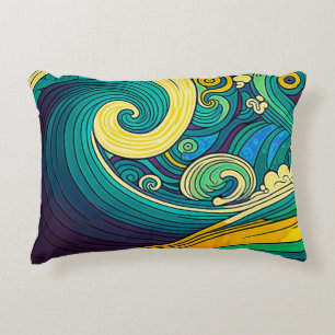 Abstract Colourful Retro 70s Hippie Waves Artwork  Accent Pillow