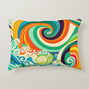 Abstract Colourful Retro 70s Hippie Waves Artwork  Accent Pillow