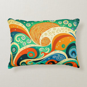 Abstract Colourful Retro 70s Hippie Waves Artwork  Accent Pillow