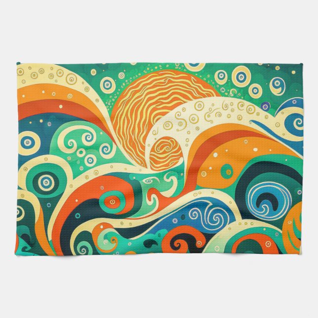 Abstract Colourful Retro 70s Hippie Waves Artwork  Kitchen Towel (Horizontal)