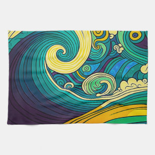 Abstract Colourful Retro 70s Hippie Waves Artwork  Kitchen Towel