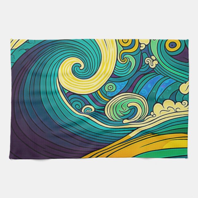 Abstract Colourful Retro 70s Hippie Waves Artwork  Kitchen Towel (Horizontal)