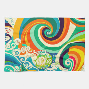 Abstract Colourful Retro 70s Hippie Waves Artwork  Kitchen Towel