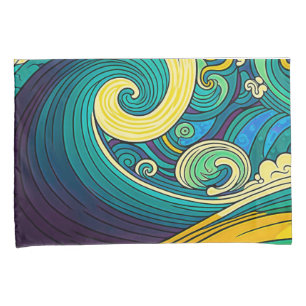 Abstract Colourful Retro 70s Hippie Waves Artwork  Pillowcase