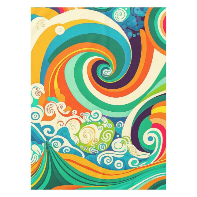 Abstract Colourful Retro 70s Hippie Waves Artwork  Tablecloth (Front)
