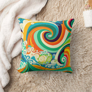 Abstract Colourful Retro 70s Hippie Waves Artwork  Throw Pillow