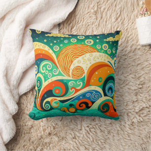Abstract Colourful Retro 70s Hippie Waves Artwork  Throw Pillow