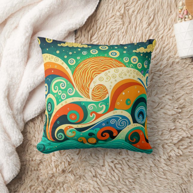 Abstract Colourful Retro 70s Hippie Waves Artwork  Throw Pillow (Blanket)