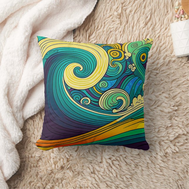 Abstract Colourful Retro 70s Hippie Waves Artwork  Throw Pillow (Blanket)