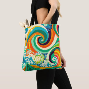 Abstract Colourful Retro 70s Hippie Waves Artwork Tote Bag