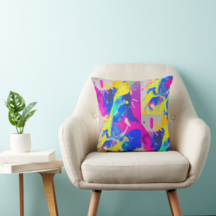 Abstract colourful splash fuchsia yellow indigo  throw pillow