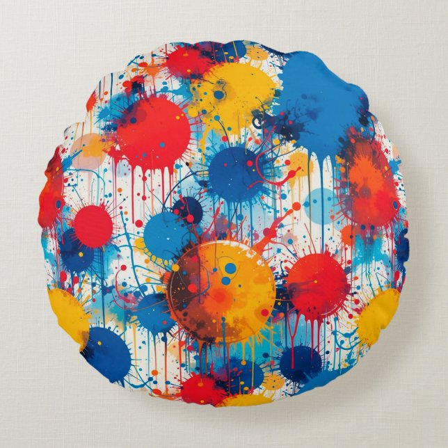 Abstract Colourful Splatter Art Round Pillow (Front)