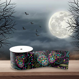 Abstract Colourful Spooky Skulls Halloween Satin Ribbon