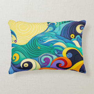 Abstract Colourful Sun Waves Line Art Illustration Accent Pillow