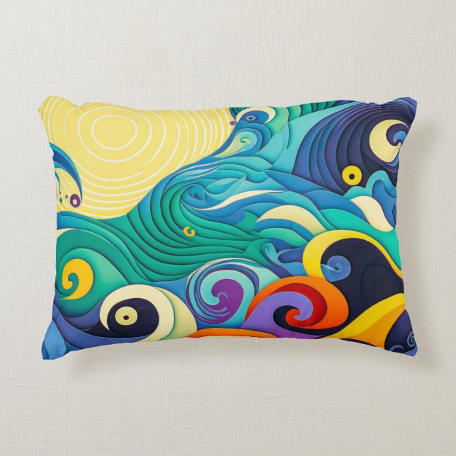 Abstract Colourful Sun Waves Line Art Illustration Accent Pillow (Front)