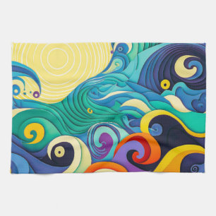 Abstract Colourful Sun Waves Line Art Illustration Kitchen Towel