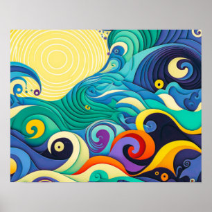 Abstract Colourful Sun Waves Line Art Illustration Poster