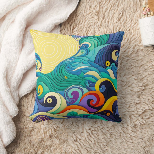 Abstract Colourful Sun Waves Line Art Illustration Throw Pillow (Blanket)