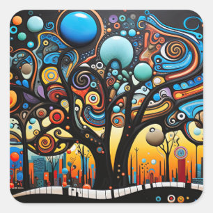 Abstract Colourful Swirl Tree Landscape Nature Square Sticker