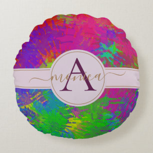 Abstract Colourful Tie Dye Pattern Monogram Name Round Pillow