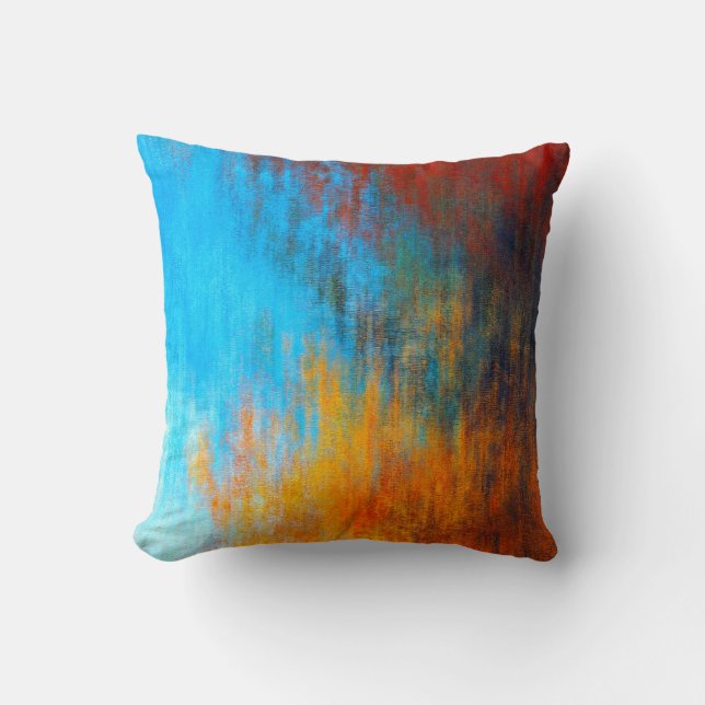 Abstract colourful turquoise blue, orange and red throw pillow (Front)