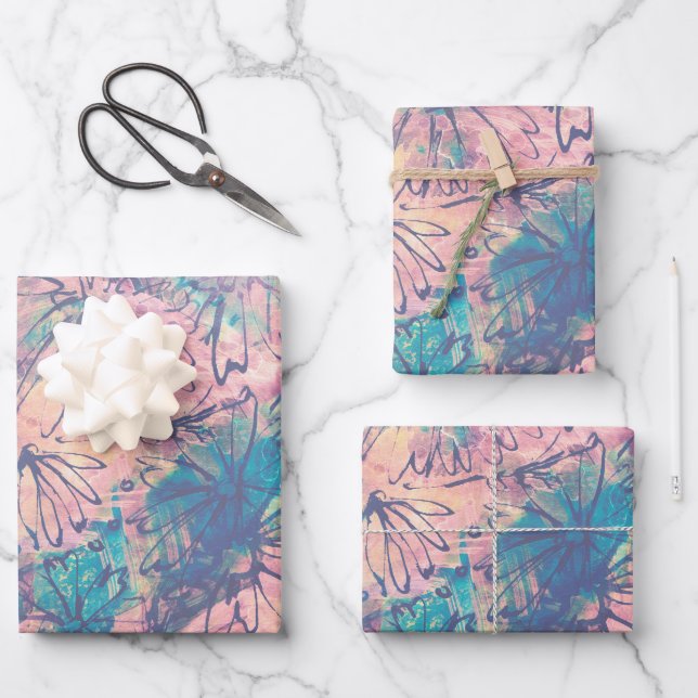 Abstract Colourful Watercolor Floral Pattern Wrapping Paper Sheet (Front)