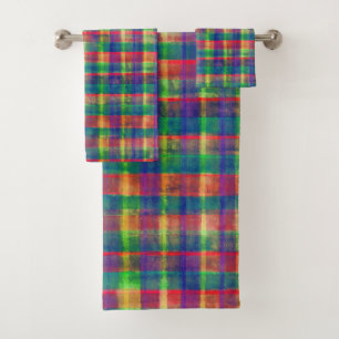 Abstract Colourful Watercolor Plaid Pattern Bath Towel Set