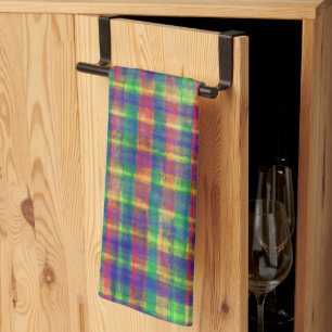 Abstract Colourful Watercolor Plaid Pattern Kitchen Towel