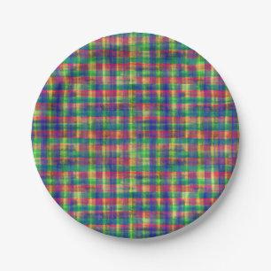 Abstract Colourful Watercolor Plaid Pattern Paper Plate