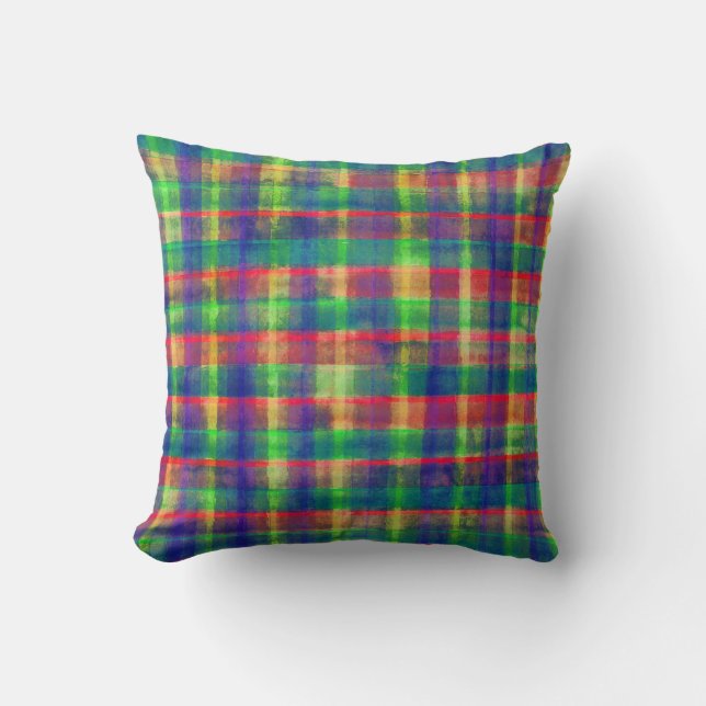 Abstract Colourful Watercolor Plaid Pattern Throw Pillow (Front)