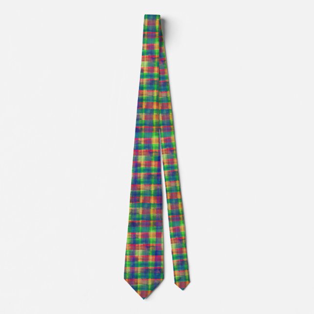 Abstract Colourful Watercolor Plaid Pattern Tie (Front)