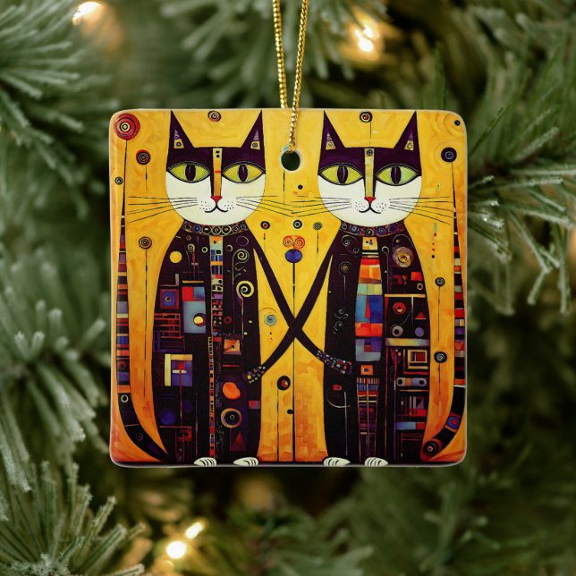 Abstract Companions: A Tale of Two Cats Ceramic Ornament (Tree)