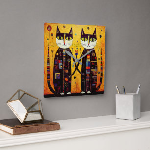 Abstract Companions: A Tale of Two Cats Square Wall Clock