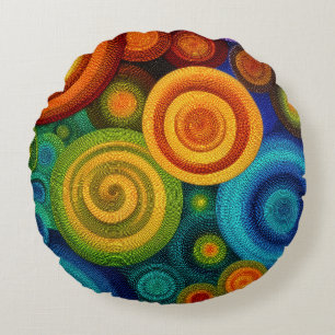 Abstract concentric circles in vibrant multicolor round pillow