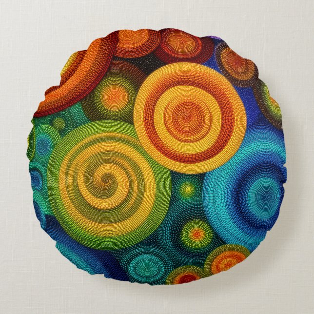 Abstract concentric circles in vibrant multicolor  round pillow (Front)