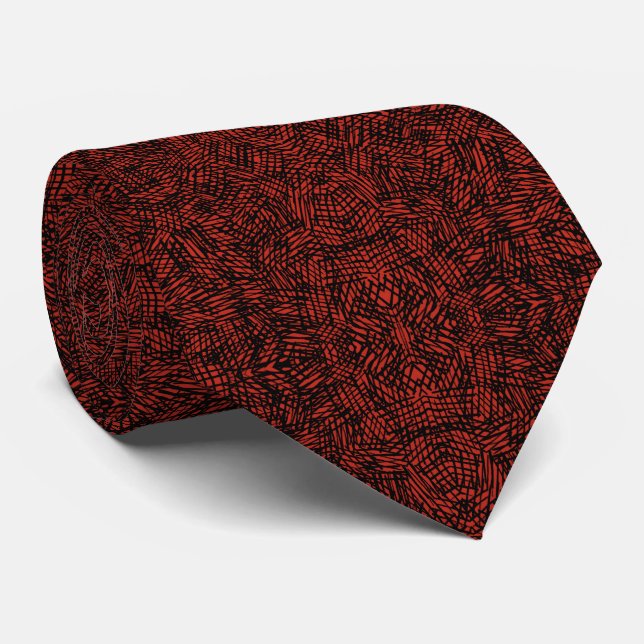 Abstract Contemporary Black Crosshatch On Red Rust Tie (Rolled)