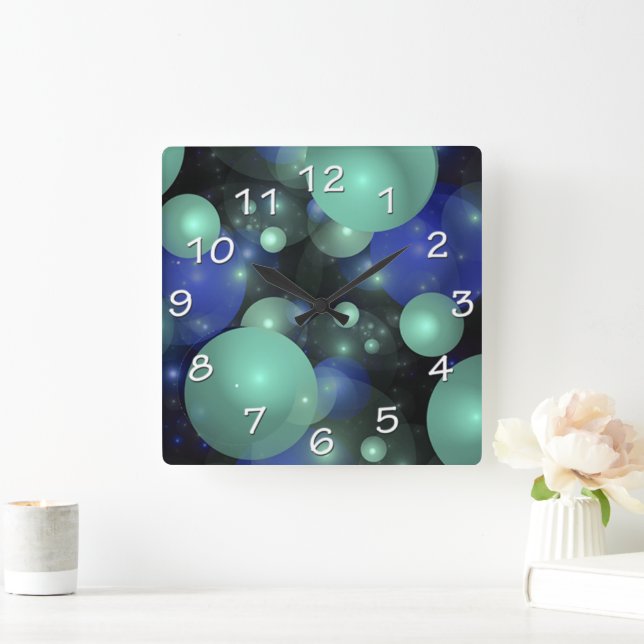 Abstract Contemporary Blue Green Floating Bubbles Square Wall Clock (Home)